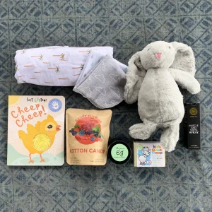 New baby gift box containing a baby book, candy floss, a jar of kawakawa balm, a rabbit soft toy, soap and a baby wrap